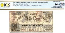 1863 25 Cents State of North Carolina, Raleigh Obsolete - PCGS 64! Choice Unc.