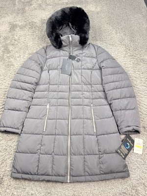 Andrew Marc Jacket Women Medium Gray Puffer Faux Fur Hooded