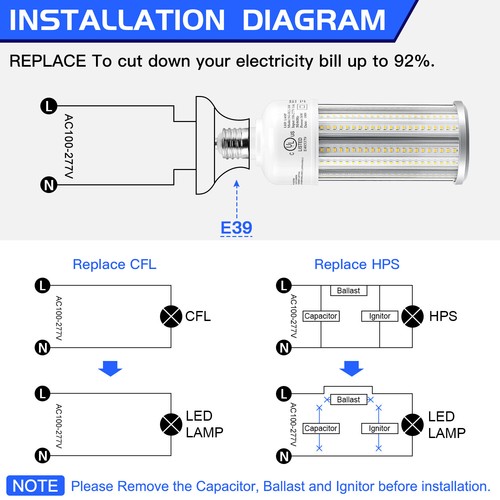 (6 Pack) LED Corn Bulb 6000K Cool White E26/E39 Standard Base 36Watt Parking Lot - Picture 16 of 17