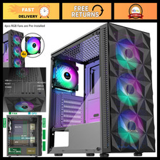 ATX Gaming PC Case with 4 RGB Fans, Diamond Mesh Front, Tempered Glass, USB 3.0