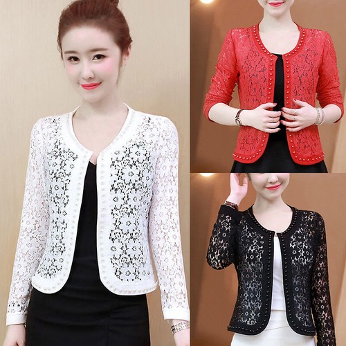 Lady Floral Lace Blazer Suit Jacket Open Front Crew Neck Evening Outwear Slim - Picture 2 of 15