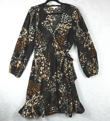 Sunny Girl Dress Womens Size 10 Med Brown Black Animal Print Wrap Around Frill