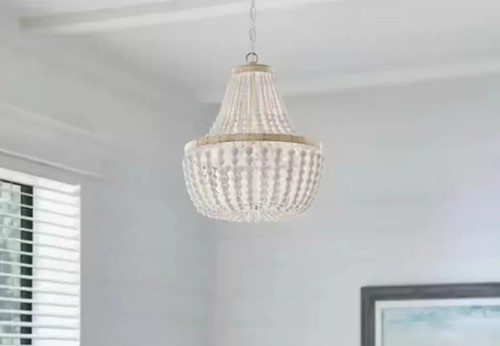 Hampton Bay Cayman 3-Light Faux Wood Chandelier with White Beaded Shade - Picture 2 of 3
