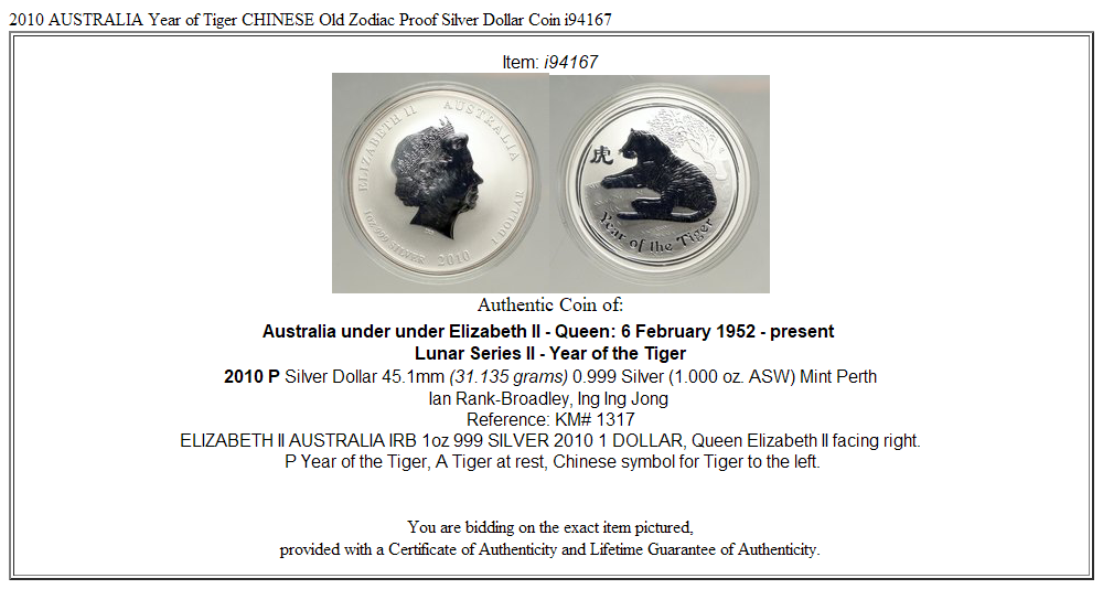 2010 AUSTRALIA Year of Tiger CHINESE Old Zodiac Proof Silver