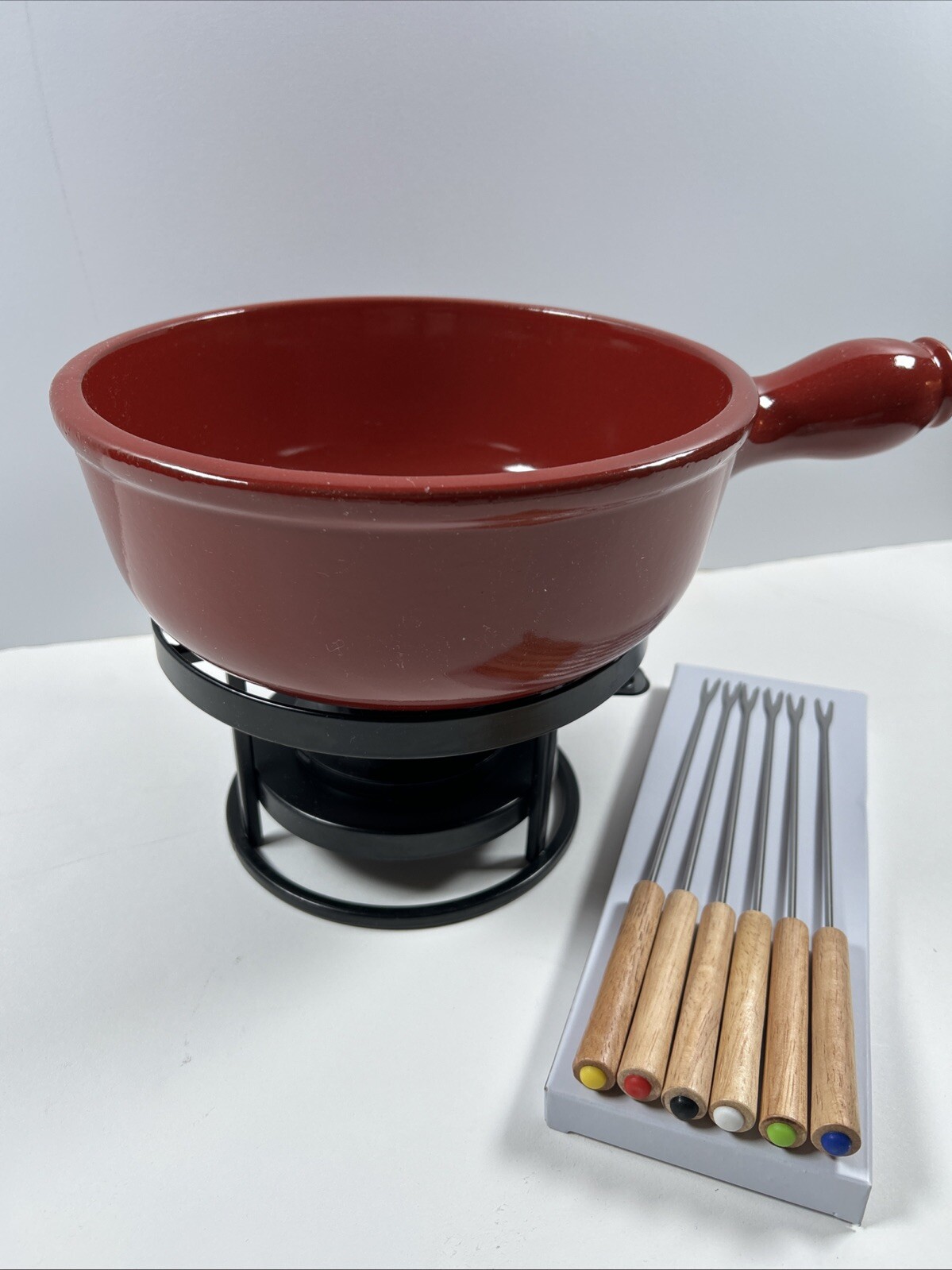 Emile Henry Flame Fondue Set 2.6 Quart Burgundy Ceramic w/Forks & Stand France