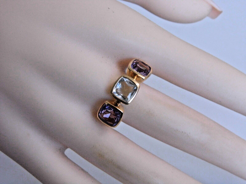 STUNNING LARGE 18ct GOLD PRASIOLITE & AMETHYST RING 1 1/2 Carat each stone SizeW - Picture 8 of 15