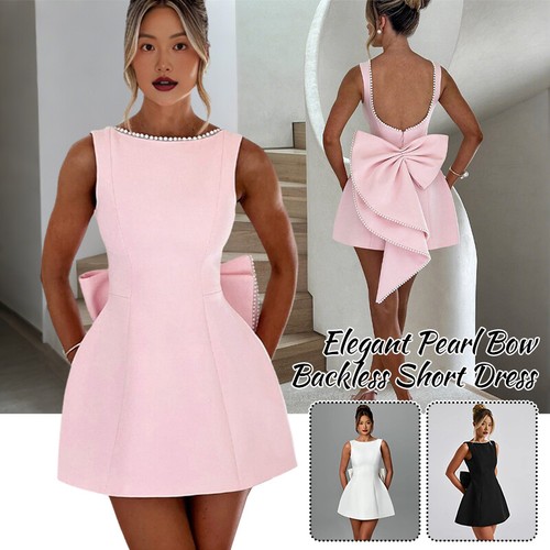 Elegante Mini Vestido Corto Sin Mangas Sin Espalda con Lazo de Perlas para Mujer Fiesta Elegante - Imagen 3 de 21