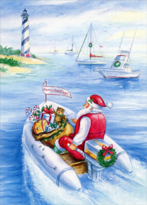 Santa Delivers Gifts on Speed Boat Box of 18 Nautical Christmas Cards