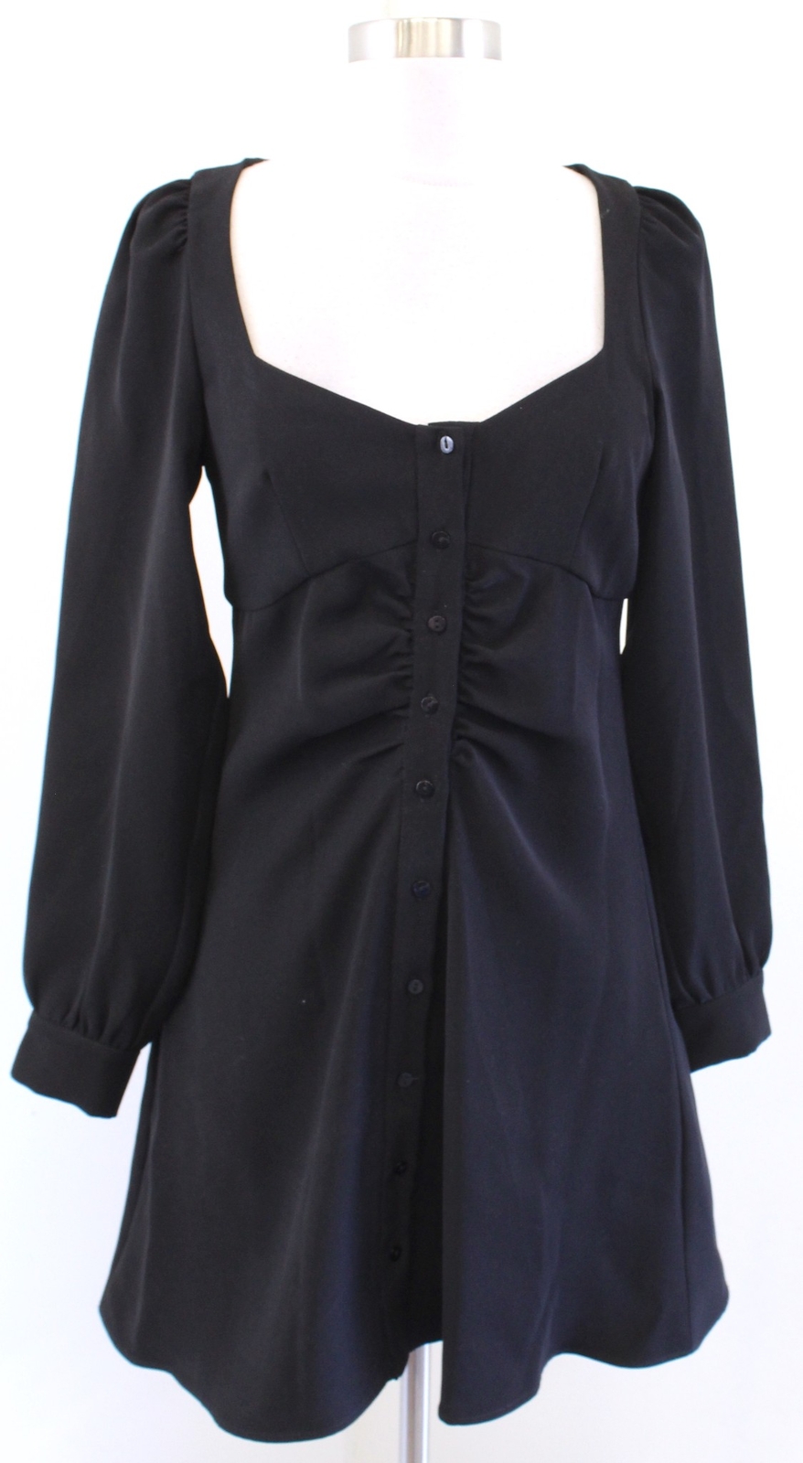 Zara Solid Black Button Front Ruched Flared A Lin… - image 1