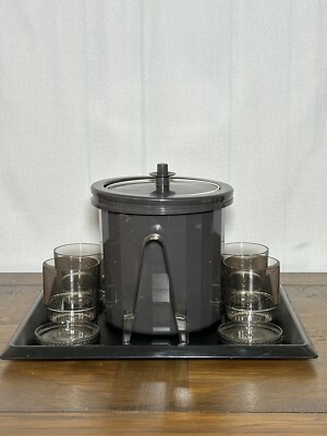 Vintage Tupperware (13) Piece Ice Bucket, Tongs, Cups, Coasters and Serving Tray