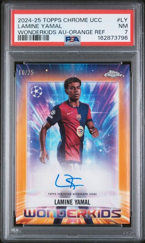 2024-25 TOPPS CHROME UCC WONDERKIDS AUTO ORANGE REF LAMINE YAMAL 10/25 PSA 7