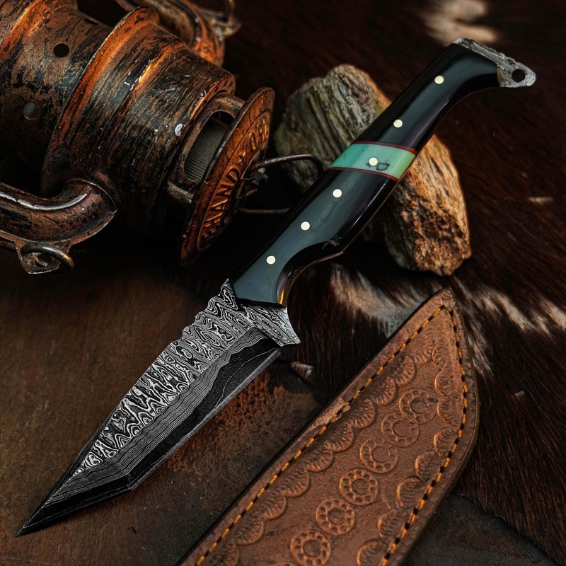 8.7" inch Damascus Tactical Knife Full Tang Resin Handle Blade Leather Sheath