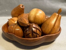 Vintage Hand Carved Wooden Fruit Bowl Set Apples Pears Banana Grapes