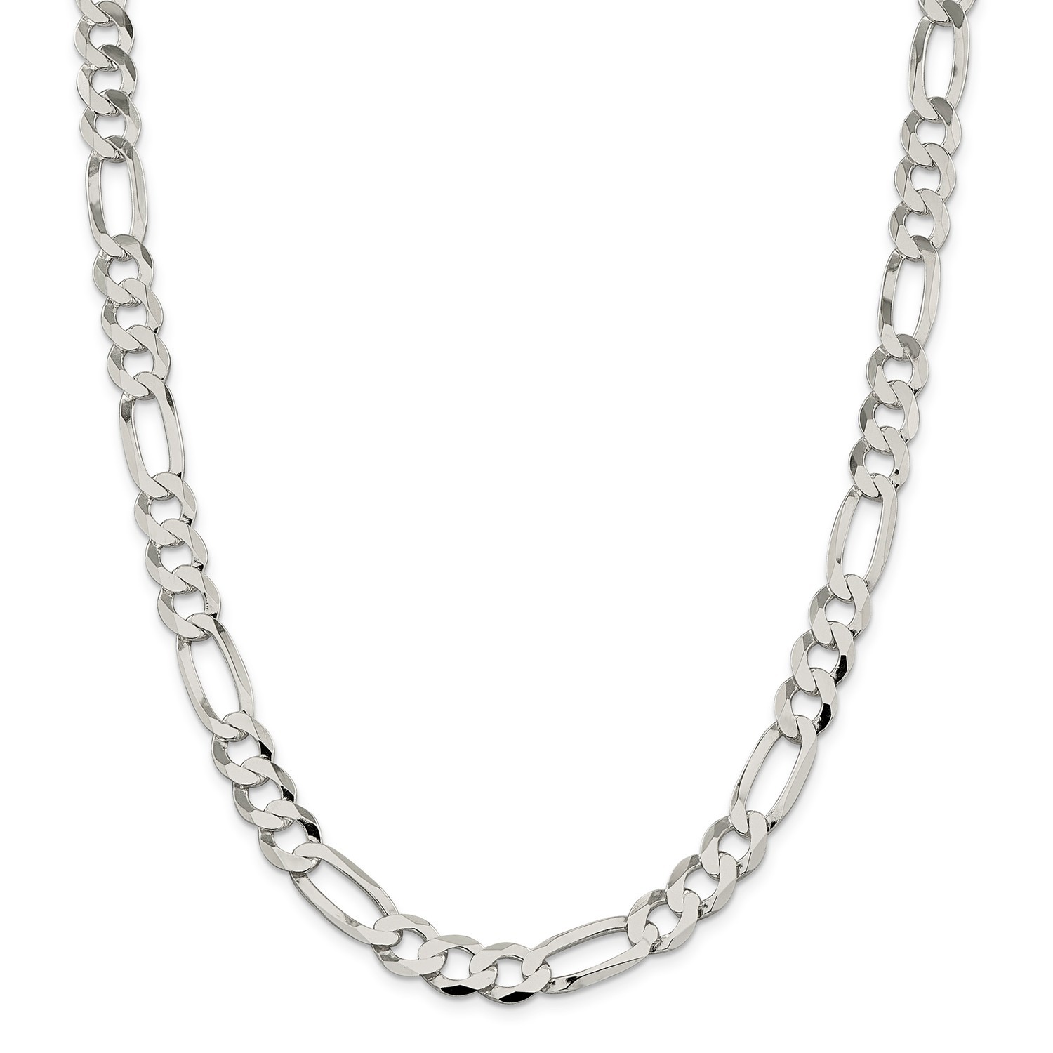 Sterling Silver Solid 9.5mm Plain Flat Figaro Chain w/ Lobster Clasp 18" - 24"