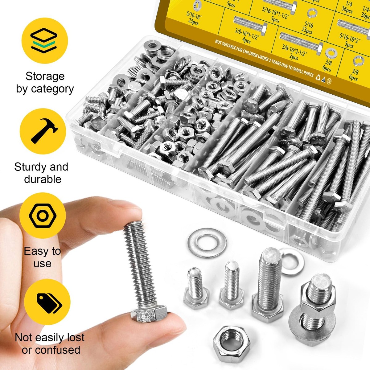 224PCS 1/4''-20 Hex Bolts and Nuts Assortment Kit1/4-20 x 1/2'' 3
