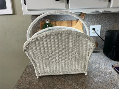 Vintage White wicker Granny Core Cottage Core magazine rack - Image 1 of 4