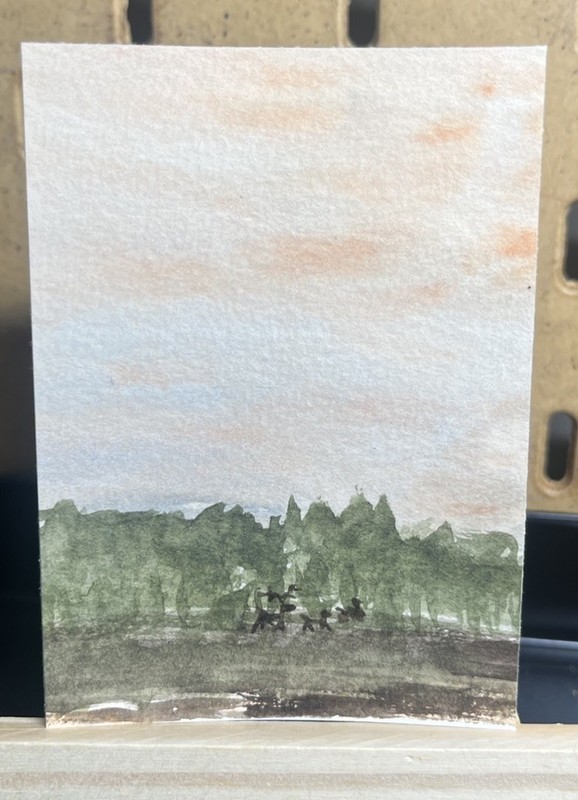 Original ACEO Watercolor Landscape Field Deer Sky Painting OOAK annesartdesigns