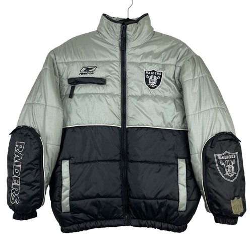 Reebok Oakland Raiders NFL Puffer Jacket Youth Junior Large Black Silver Vintage