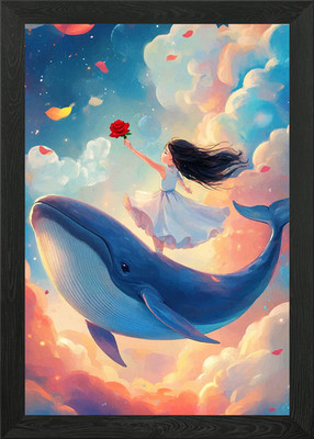 Gerahmtes Wandbild Poster Leinwanddruck Bild Mädchen am Wal am Himmel
