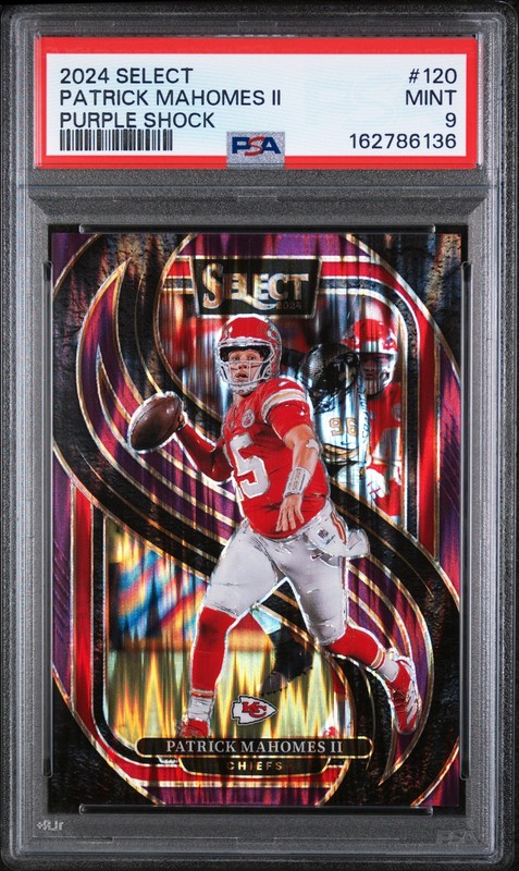 #120 Patrick Mahomes II 2024 Panini Select Purple Prizm Shock SN PSA 9 #/360