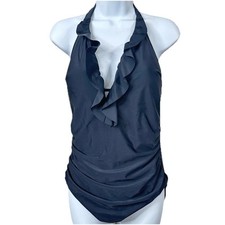 Black Ruffle Plunge Neckline Fullpiece Swimsuit - Large - NEW