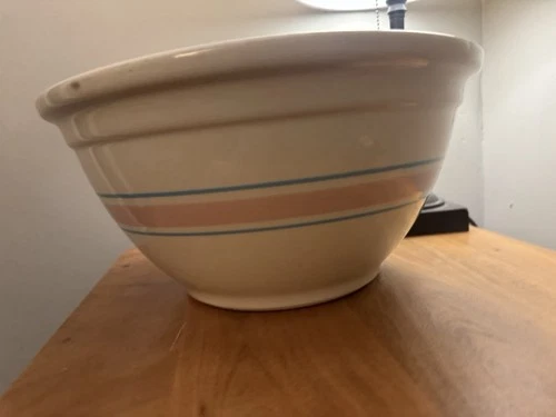 Vintage 12" Oven Ware Pink & Blue Stripe Mixing Bowl Pottery Large #12 USA
