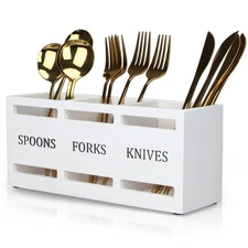 White Wooden Cutlery Silverware Holder Flatware Caddy for Table Countertop