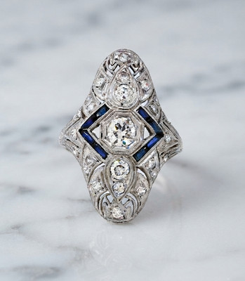 14K Gold Edwardian Style Old European Cut Simulated Diamond Filigree Dinner Ring