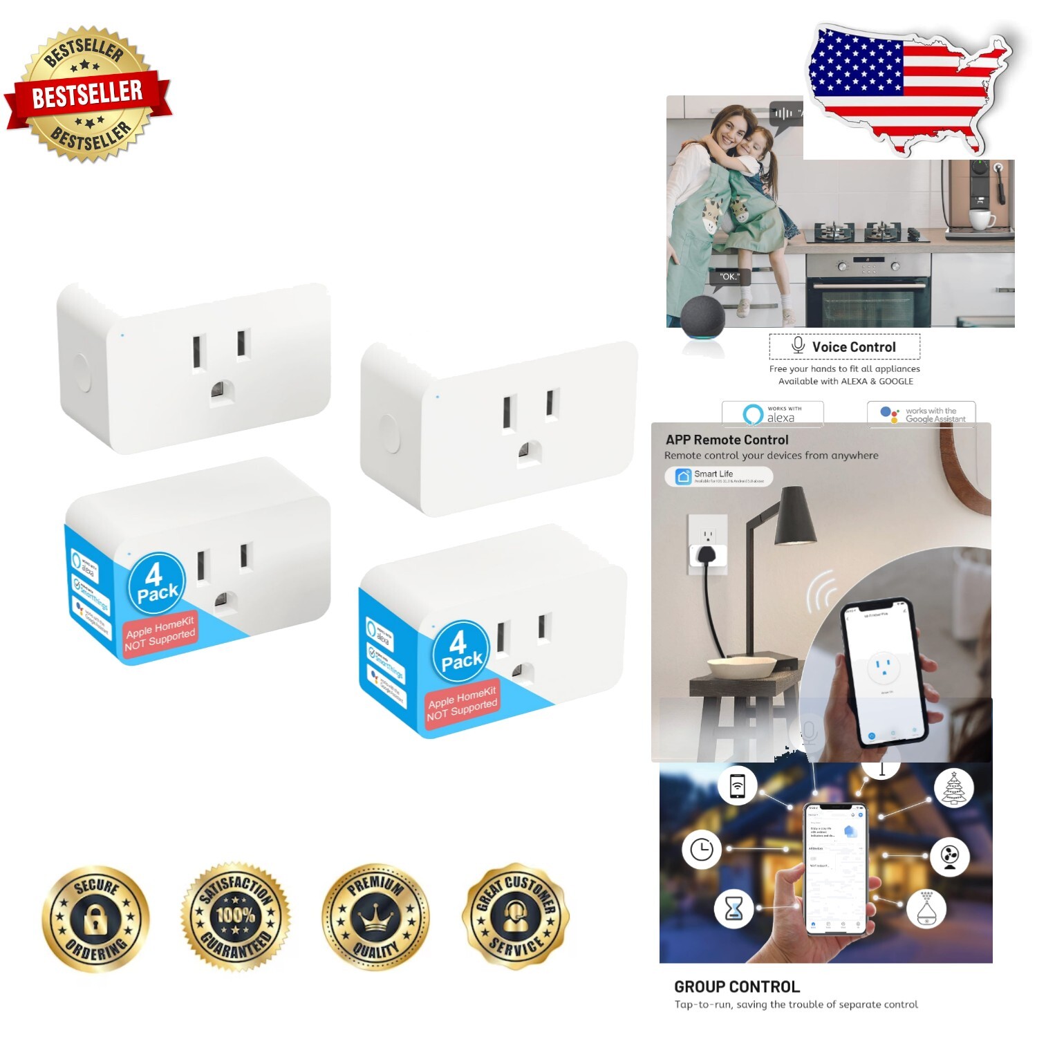 Smart Plug 4 Pack - WiFi Outlet with Voice Control for Alexa & Google Assistant-image