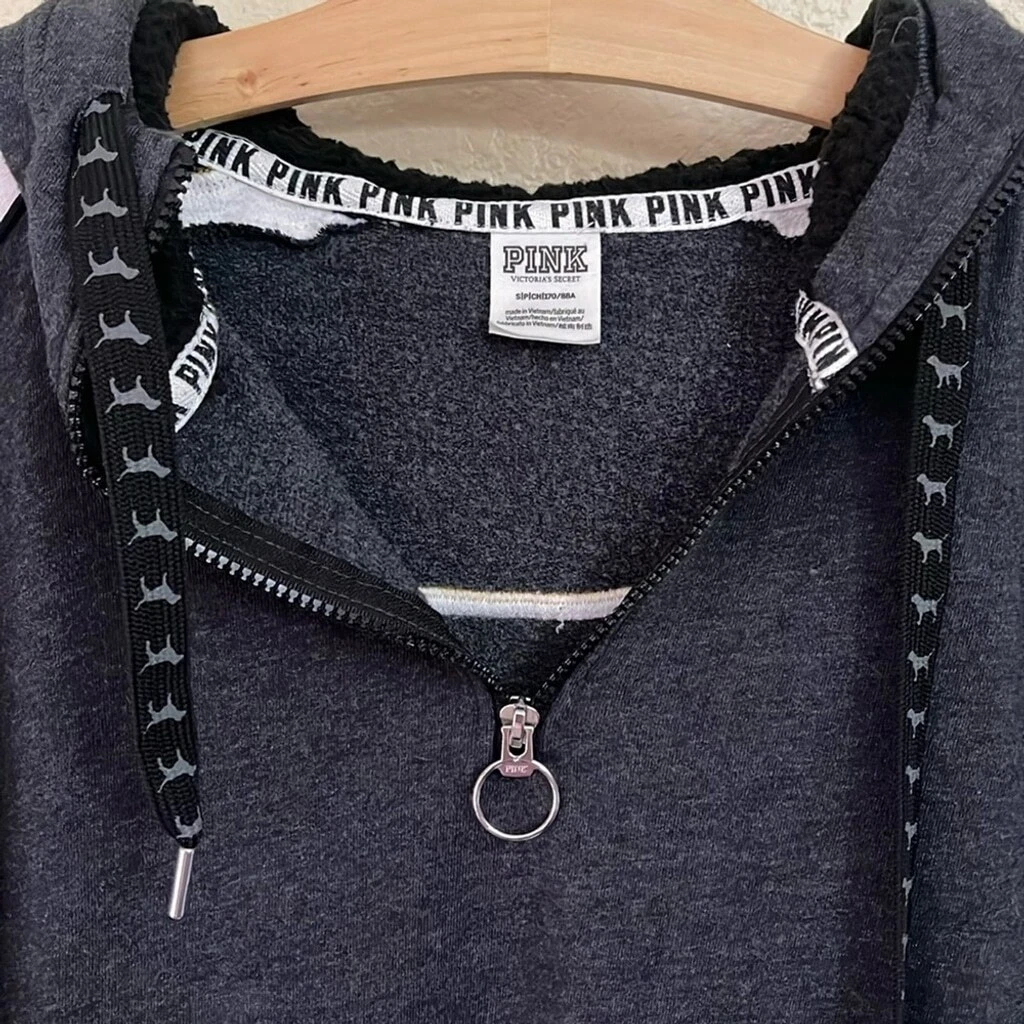 UNDERCOVER VICTORIA'S SECRET PINK Sherpa con cappuccio campus zip raso pullover felpa grigio S