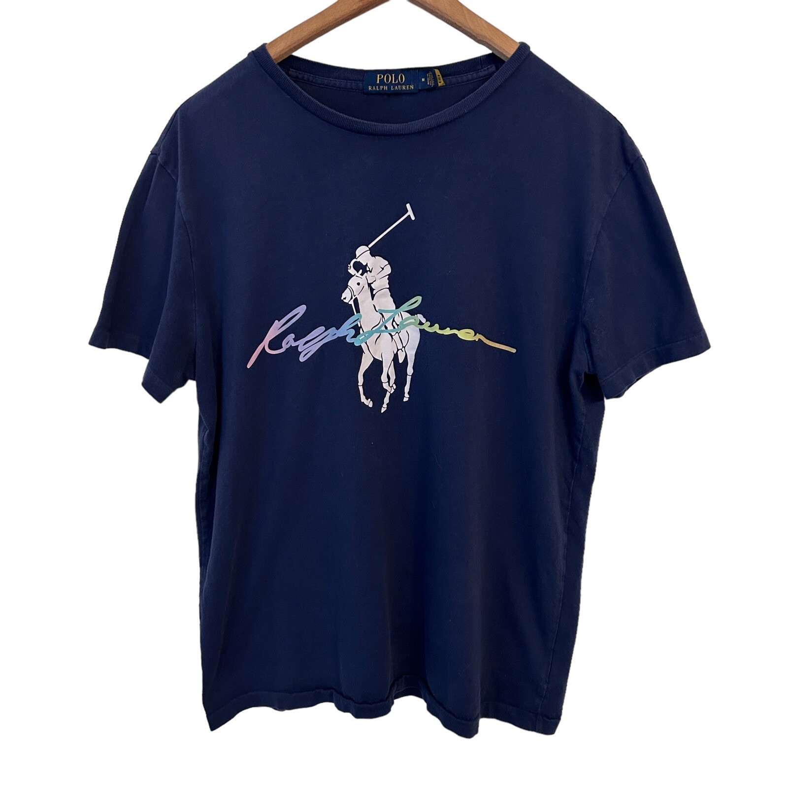Polo Ralph Lauren Uomo T shirt blu M grande logo pony grafica scritta arcobaleno