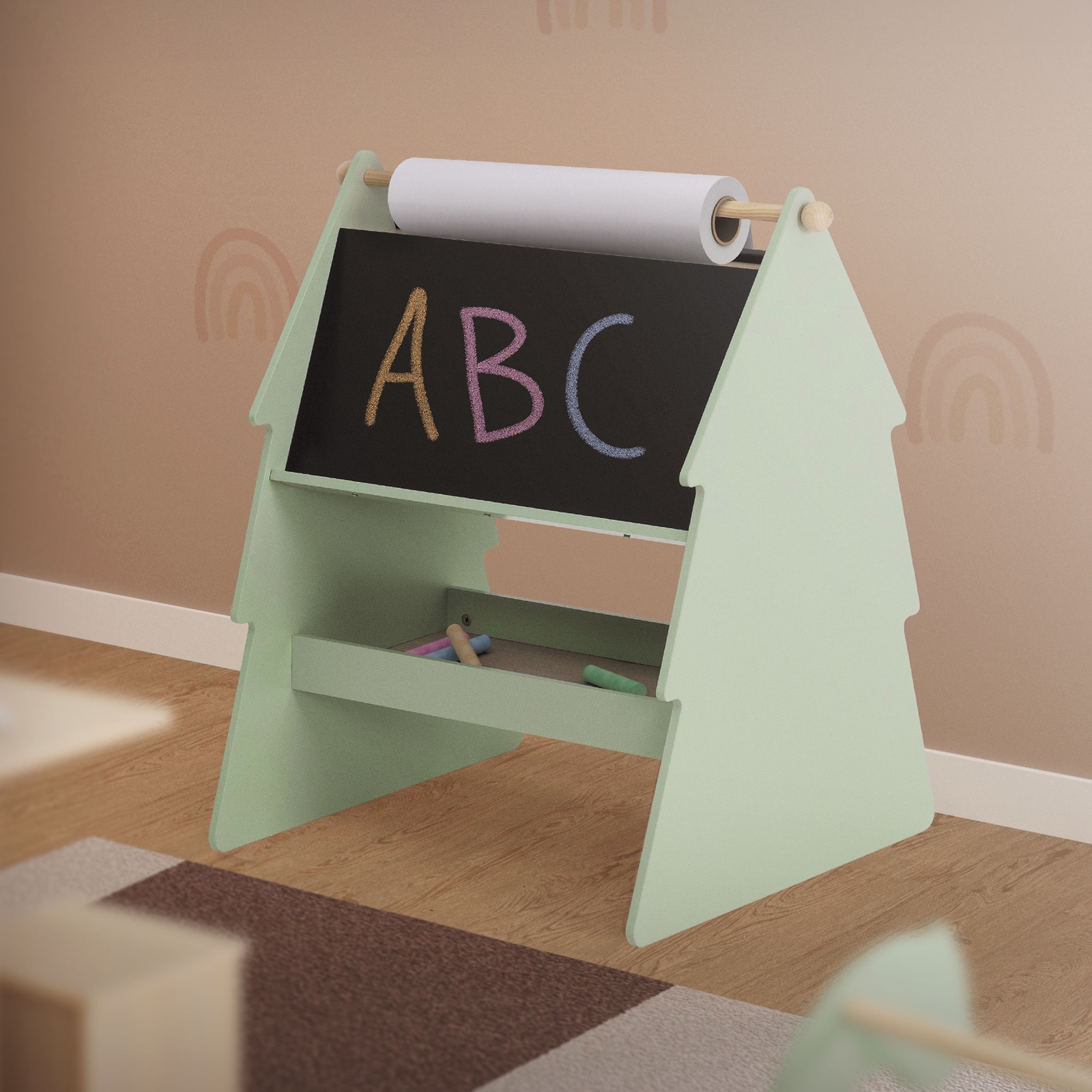 Pizarra infantil de tiza doble cara de madera diseño abeto con espacio y varilla