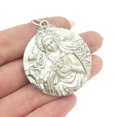 925 Sterling Silver Art Deco Style Mary Religious Pendant White Gold  Plated