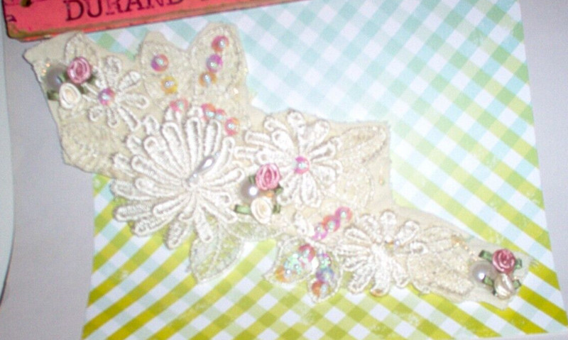Vintage applique 8.5" x 4.5" w/ribbon roses, beads, sequins