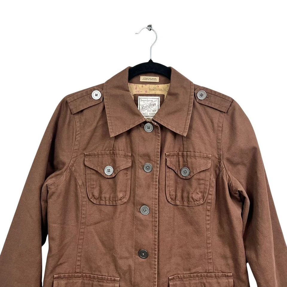 Chaqueta utilitaria militar tallada con volantes para mujer con cuello bolsillos con solapa forrada marrón talla M Foto 2 de 4