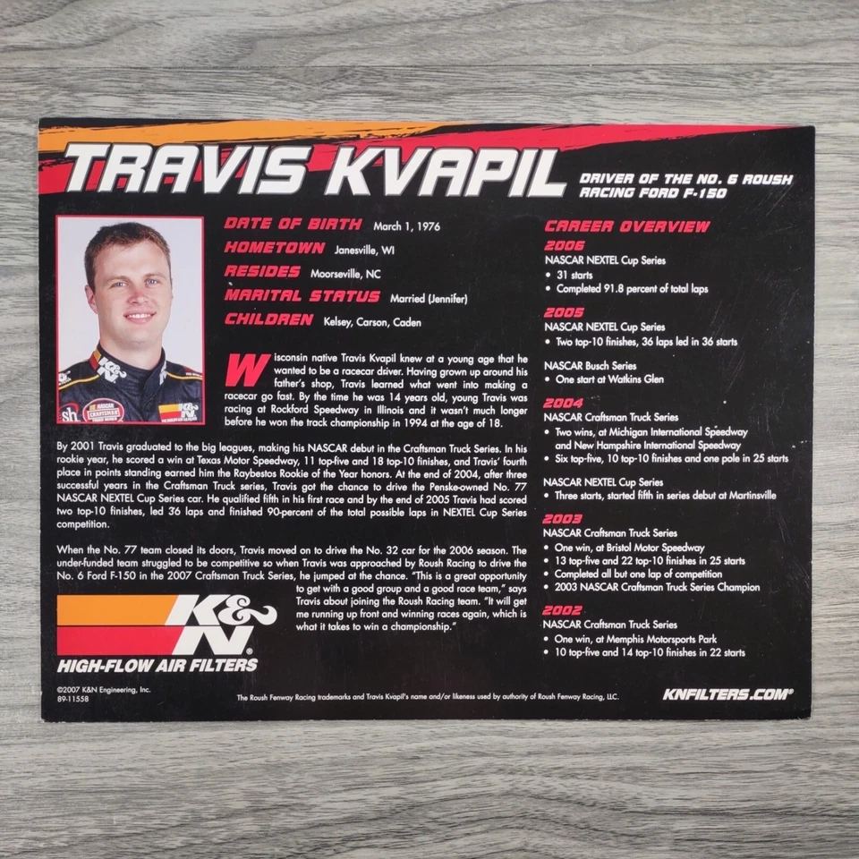 TRAVIS KVAPIL 2007 AUTOGRAPHED / SIGNED PICTURE 8.5" x 11" NASCAR/NEXTEL FORD - Image 4 of 4