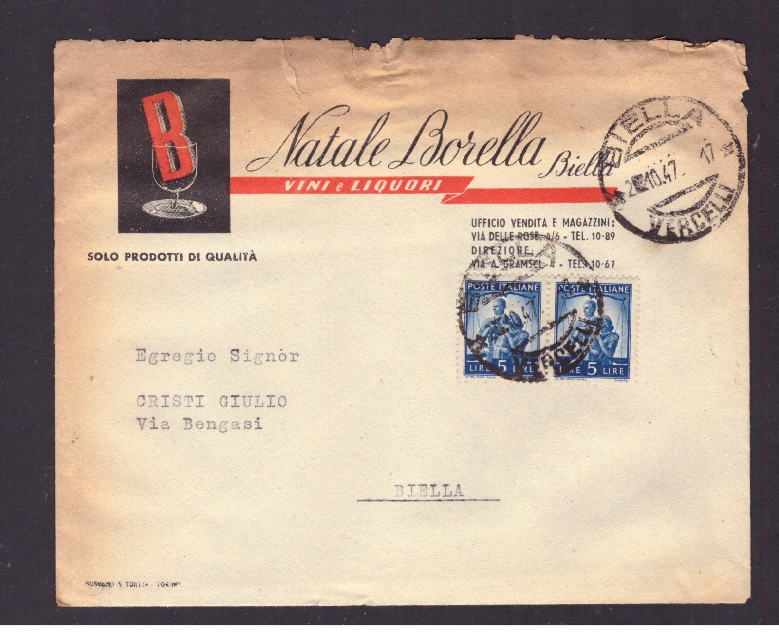 Busta Commerciale Biella Vini e Liquori Natale Borella 1947 KYA482