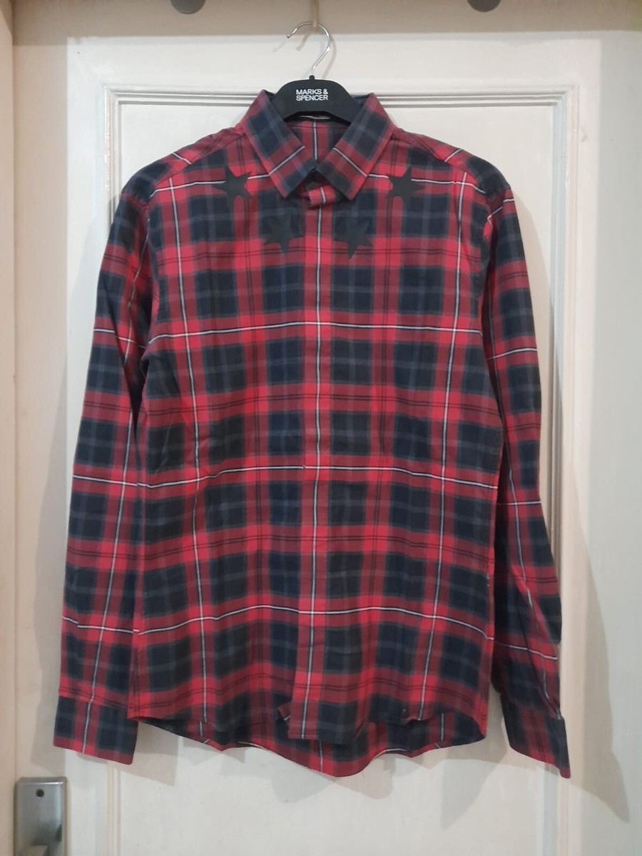 GIVENCHY Red & Gray Plaid Cotton Star Applique Men 
