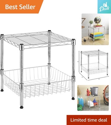 Heavy-Duty Chrome Stacking Shelf with Basket - Adjustable Home Organizer