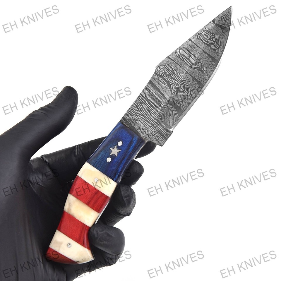 HANDMADE DAMASCUS STEEL BOWIE HUNTING KNIFE TEXAS FLAG HANDLE W/SHEATH