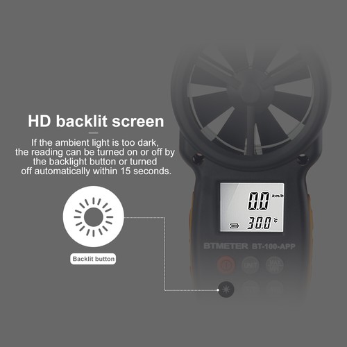 Handheld Digital Anemometer Wind Speed Meter 0.3-30m/s Bluetooth Wind Temp Gauge - Picture 9 of 11
