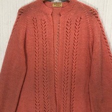 Vintage Peg Koehler Hand Knitted Coral Pink Pointelle Open Front Cardigan