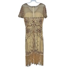 1920s Flapper Dress Size Small Champagne Gold Fringe Sequin Art Deco NYE