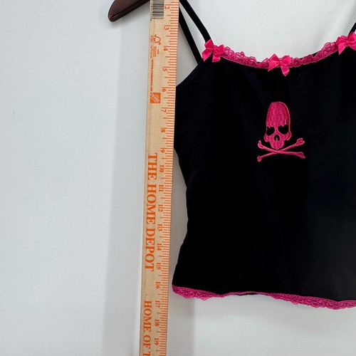 Romwe Damen XXS schwarz pink Totenkopf gekreuzte Knochen Spitze Schleife Cami Top Punk Y2K Goth - Bild 6 von 9