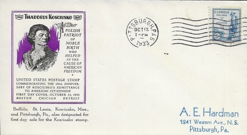 1933 FDC, #734, 5c Kosciuszko, Ioor - Pittsburgh PA cancel