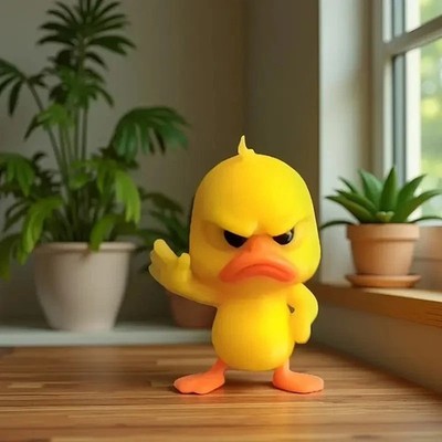 Wütende gelbe Ente Statue mit ablehnender Geste. Lustige Mini Figur für Schreibtisch