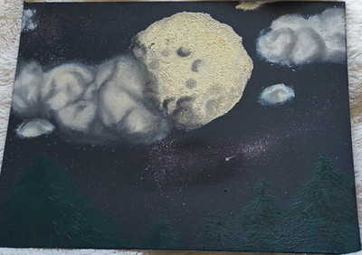 Moon, trees and clouds acrylic painting on small canvas realism night sky
