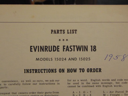 1958 Evinrude Outboard 18 HP Fastwin Parts Catalog Manual 15024 15025 - Picture 2 of 4