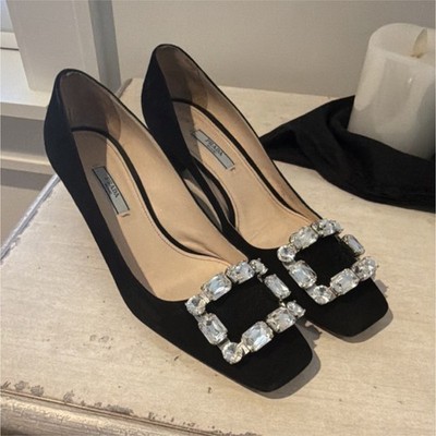 PRADA Women s Black Suede Square Toe Pump Rhinestone Block Heel US 8.5/EU 39 