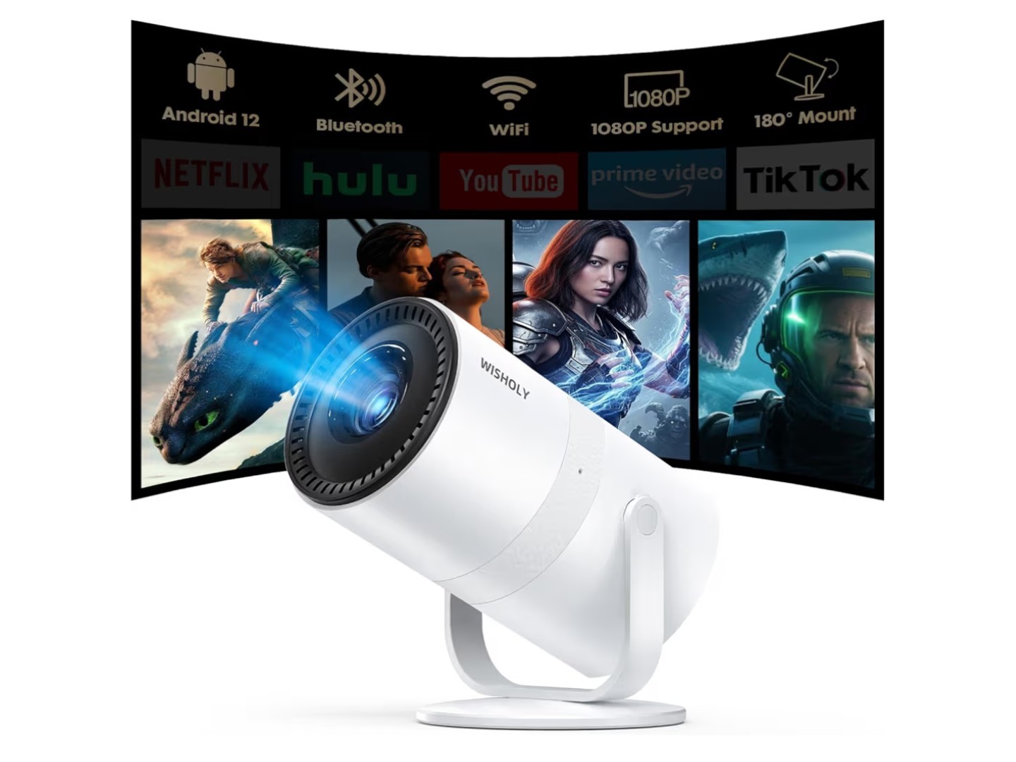1080p Mini Projector with Android 12, Apps, Supports 2160p, Wifi And Bluetooth-image